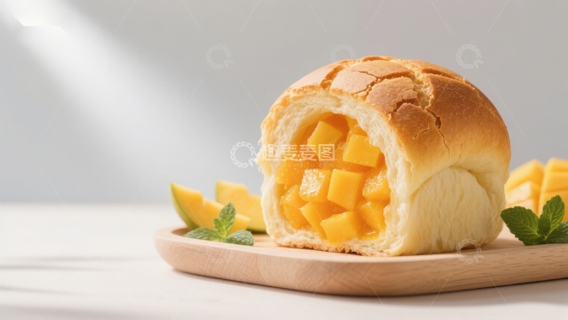 高清大图下载【趣麦麦图】芒果面包切开展示诱人果粒