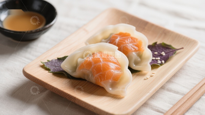 高清大图下载【趣麦麦图】精致鲑鱼饺子，木质盘中呈现