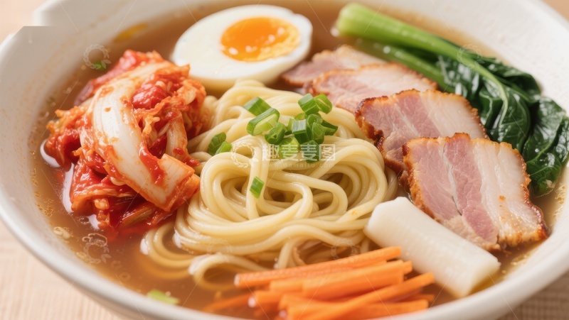 高清大图下载【趣麦麦图】美味拉面配叉烧、泡菜和蔬菜