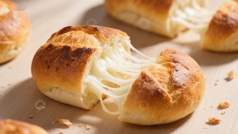 高清大图下载【趣麦麦图】芝士面包撕开瞬间，奶酪拉丝诱人