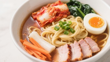 美味拉面配泡菜和卤蛋