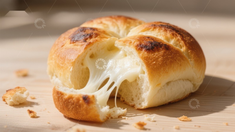 高清大图下载【趣麦麦图】芝士面包撕开瞬间，奶酪拉丝诱人