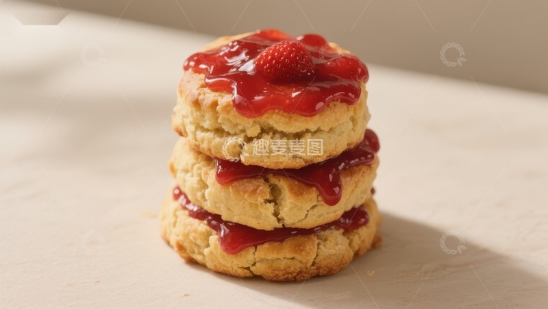高清大图下载【趣麦麦图】草莓酱覆盖的三层饼干