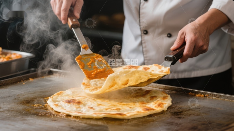高清大图下载【趣麦麦图】厨师翻煎薄饼，热气腾腾