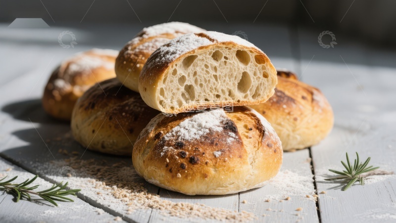 高清大图下载【趣麦麦图】新鲜出炉的面包，表面撒粉，内部多孔