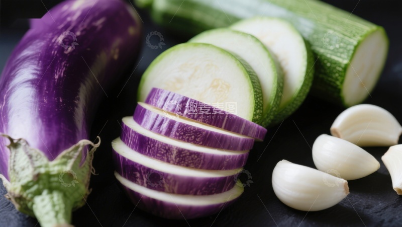高清大图下载【趣麦麦图】切片茄子黄瓜与大蒜
