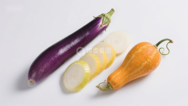 高清大图下载【趣麦麦图】茄子、西葫芦与南瓜的静物展示