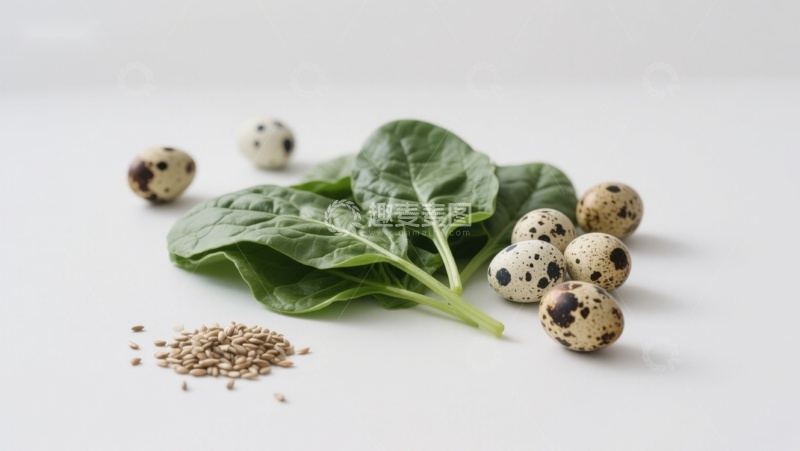 高清大图下载【趣麦麦图】新鲜菠菜鹌鹑蛋与谷物