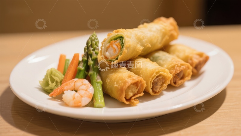 高清大图下载【趣麦麦图】金黄春卷配鲜蔬虾仁