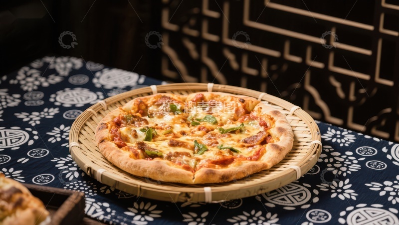 高清大图下载【趣麦麦图】竹盘上的美味披萨