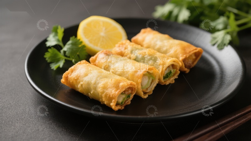 高清大图下载【趣麦麦图】金黄春卷配柠檬与香菜