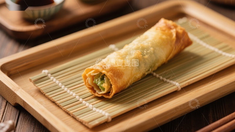高清大图下载【趣麦麦图】金黄酥脆的春卷置于竹席之上