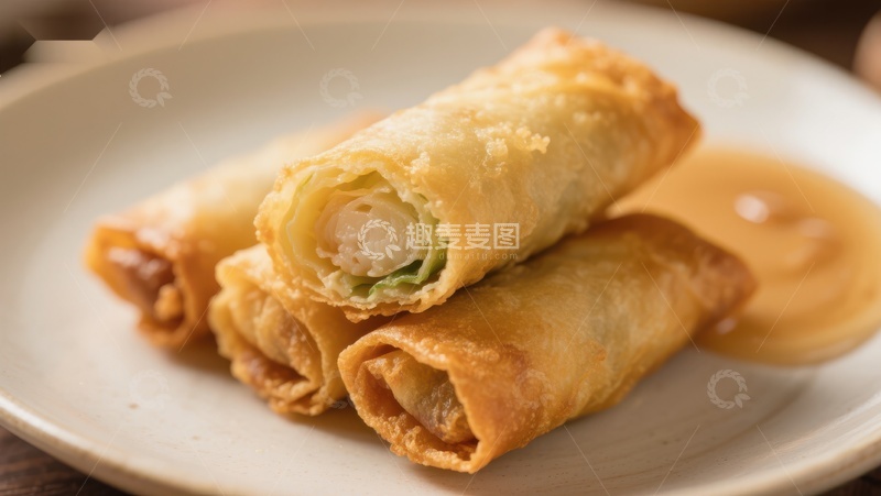高清大图下载【趣麦麦图】金黄酥脆的春卷配酱料