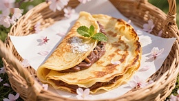 篮中薄饼卷，点缀樱花与薄荷