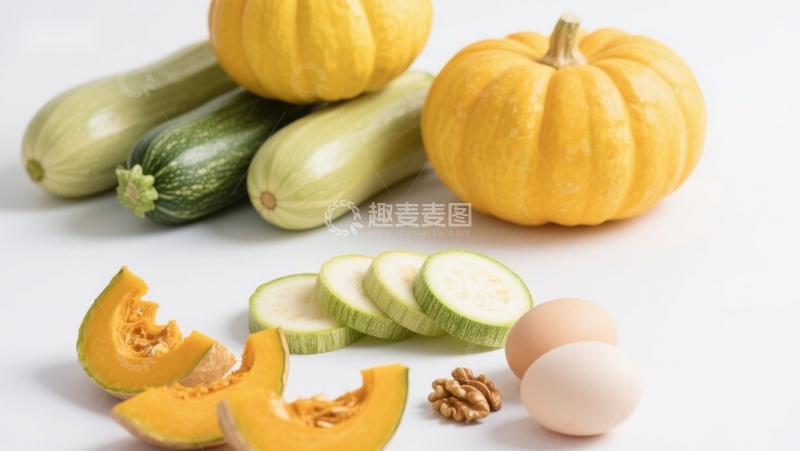高清大图下载【趣麦麦图】新鲜南瓜与西葫芦食材展示