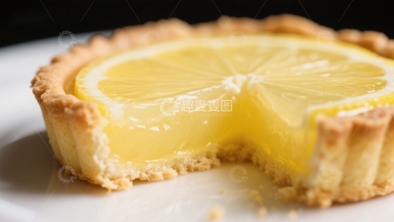 高清大图下载【趣麦麦图】柠檬挞特写，切开一角展示果冻状馅料
