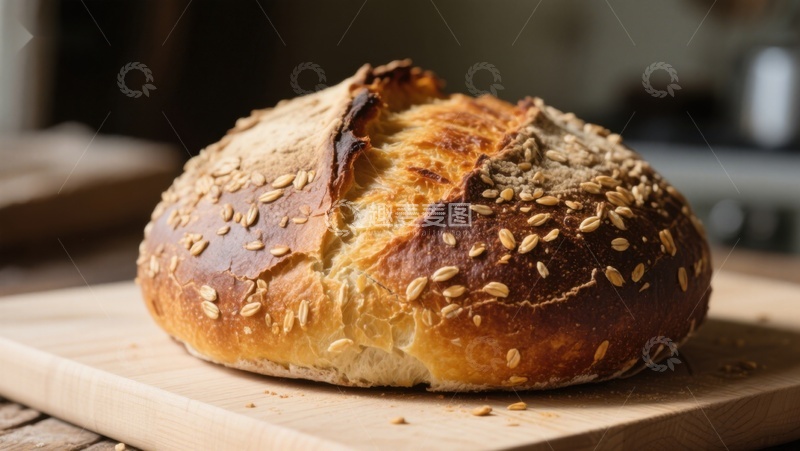 高清大图下载【趣麦麦图】金黄芝麻面包静置木板