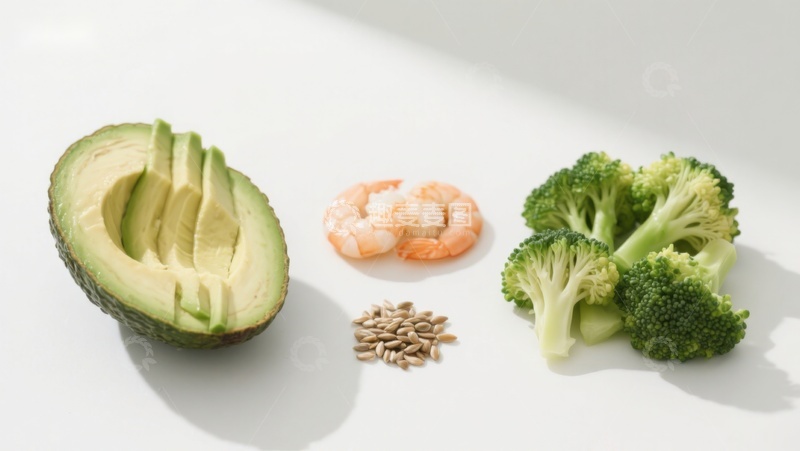 高清大图下载【趣麦麦图】新鲜食材组合：牛油果虾仁西兰花