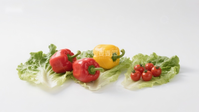 高清大图下载【趣麦麦图】彩椒与樱桃番茄置于生菜上