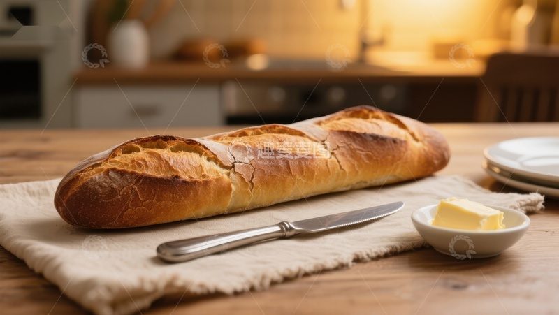高清大图下载【趣麦麦图】新鲜法棍面包与黄油的静谧厨房场景