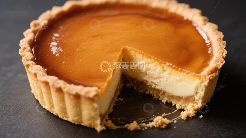 高清大图下载【趣麦麦图】焦糖奶酪挞，切开一角展示内馅