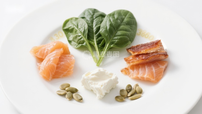 高清大图下载【趣麦麦图】三文鱼配菠菜与奶酪摆盘