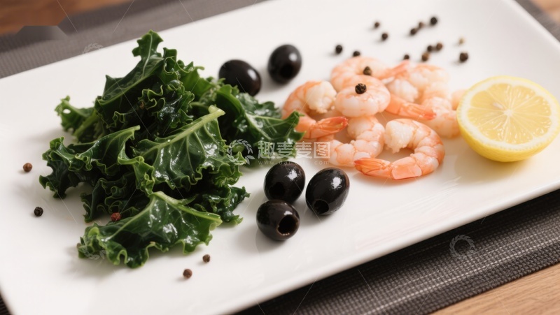 高清大图下载【趣麦麦图】虾仁羽衣甘蓝橄榄拼盘