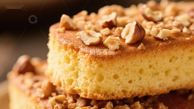高清大图下载【趣麦麦图】核桃蛋糕特写，金黄色诱人