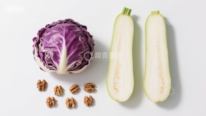 高清大图下载【趣麦麦图】紫甘蓝、西葫芦与核桃的静物摆拍