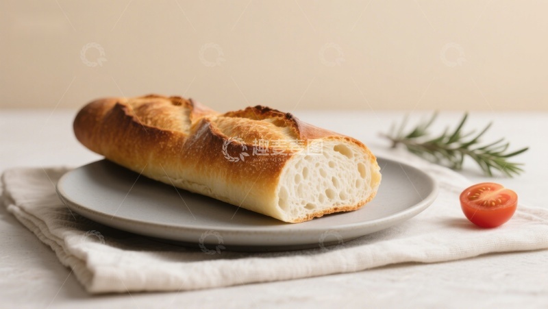 高清大图下载【趣麦麦图】新鲜法棍面包配迷迭香与樱桃番茄