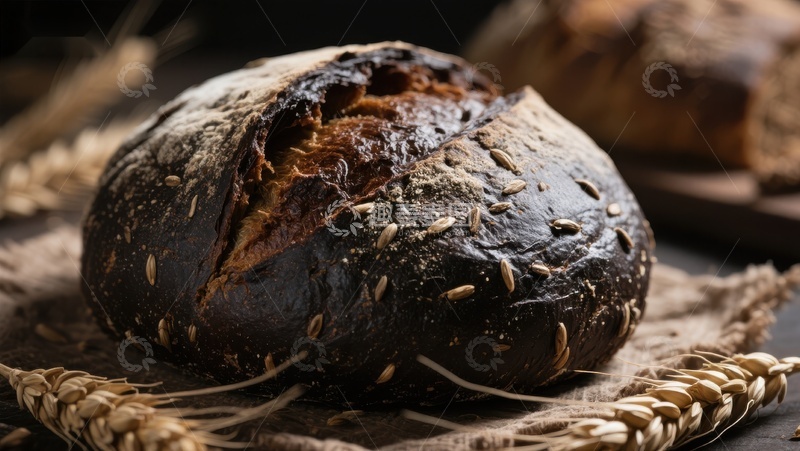 高清大图下载【趣麦麦图】黑麦面包与麦穗的静物组合