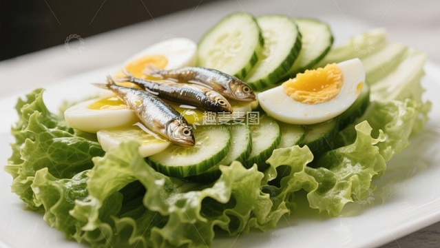 沙拉配小鱼和鸡蛋