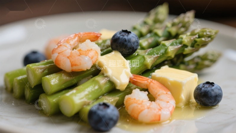 高清大图下载【趣麦麦图】虾仁芦笋配蓝莓与黄油