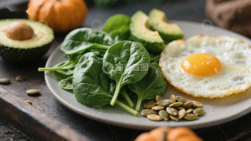 高清大图下载【趣麦麦图】健康早餐盘：菠菜煎蛋与牛油果