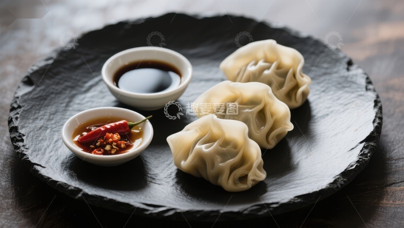 高清大图下载【趣麦麦图】精致饺子配蘸料，黑盘呈现