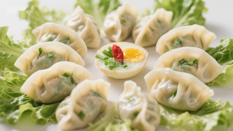 高清大图下载【趣麦麦图】-鲜美饺子配蛋黄酱，绿叶点缀