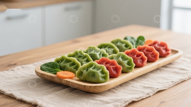 彩色饺子排列在木质托盘上