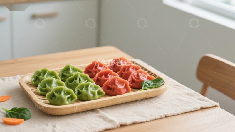 高清大图下载【趣麦麦图】绿色与红色饺子摆盘