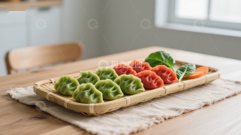 高清大图下载【趣麦麦图】色彩斑斓的饺子摆放在竹制托盘上