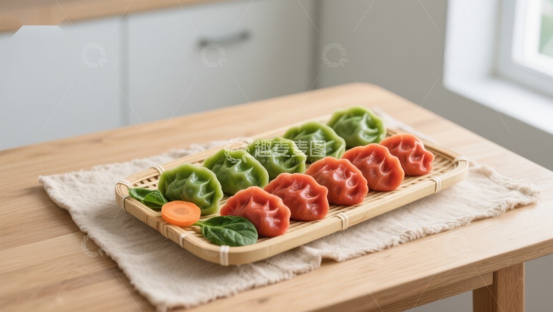 高清大图下载【趣麦麦图】色彩斑斓的饺子摆放在竹制托盘上