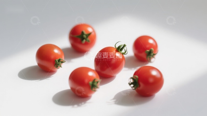 高清大图下载【趣麦麦图】六颗樱桃番茄静置白色背景