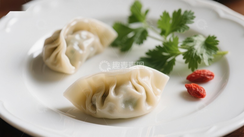 高清大图下载【趣麦麦图】盘中精致饺子配以枸杞和香菜
