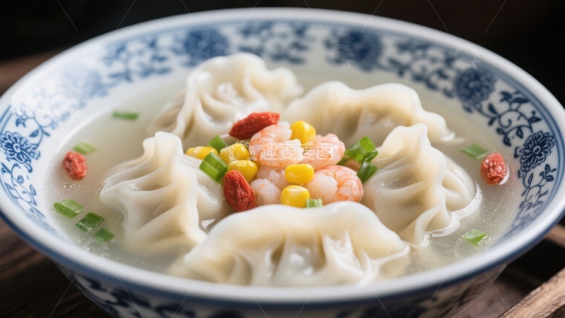 高清大图下载【趣麦麦图】鲜美馄饨汤配虾仁玉米