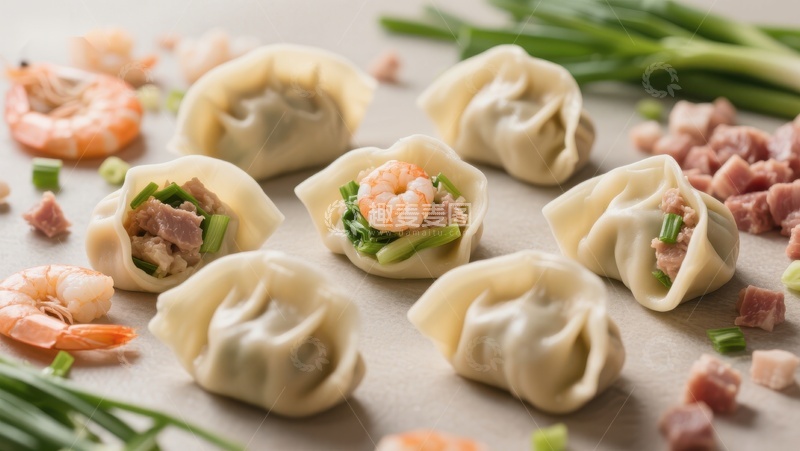 高清大图下载【趣麦麦图】鲜美虾仁饺子与配料