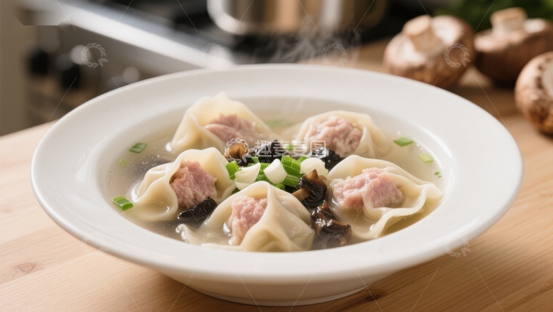 高清大图下载【趣麦麦图】热腾腾的馄饨汤，搭配香菇和青菜