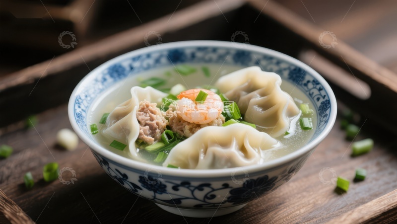 高清大图下载【趣麦麦图】鲜美馄饨汤，虾仁肉馅搭配葱花