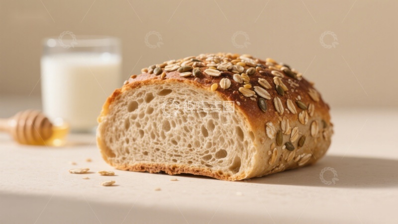 全麦面包切片与牛奶蜂蜜