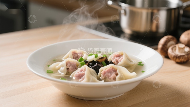高清大图下载【趣麦麦图】热腾腾的馄饨汤，搭配新鲜蘑菇