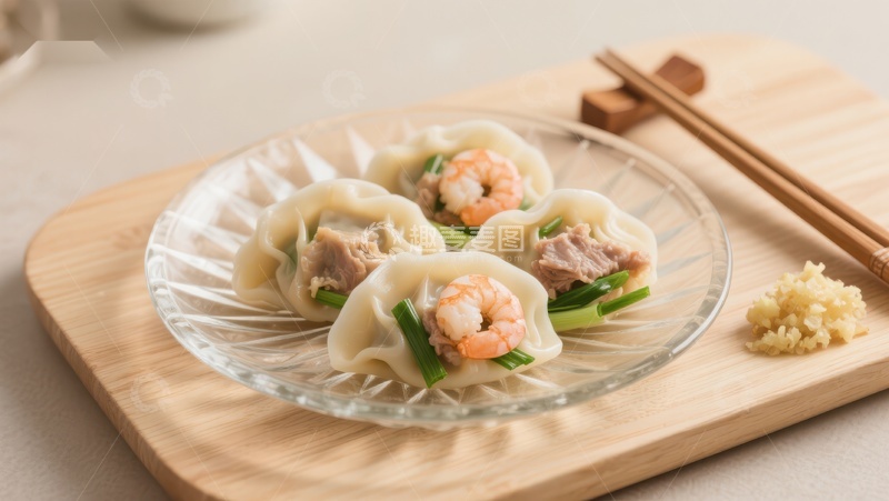 高清大图下载【趣麦麦图】鲜虾肉馅饺子，清新摆盘