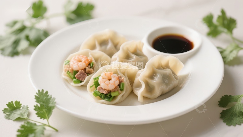 高清大图下载【趣麦麦图】鲜虾饺子配酱油碟